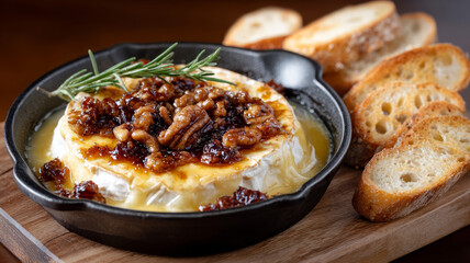 Baked brie with walnuts and honey served with bread slices.