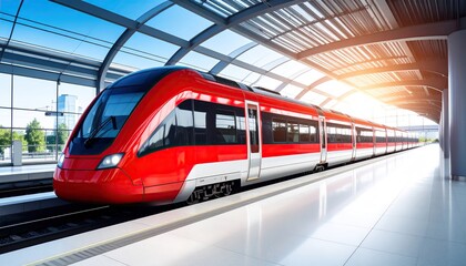  railway station with modern red commuter train