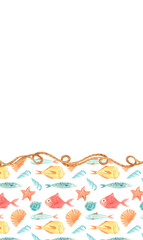 Watercolor nautical illustration with colorful sea fish, shells, starfish and twisted rope border. Marine template with ocean animals for summer designs, invitations, greeting cards and kids' decor.