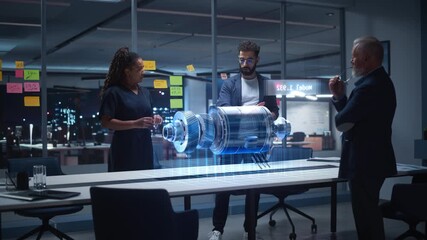 Diverse Team of Engineers, Collaborate in a Futuristic Office, Analyzing a Rotating Holographic Turbine Engine Model for Precision Engineering, Digital Twin Simulation, Advanced Product - Powered by Adobe
