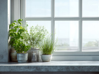 Fototapeta premium Potted Plants on Kitchen Windowsill
