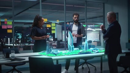 Diverse Team of Architects, Including a Black Woman, Middle Eastern Man, and Older White Man, Collaborates at 3d Smart City Model, Planning Sustainable Urban Design, Green Energy Infrastructure - Powered by Adobe