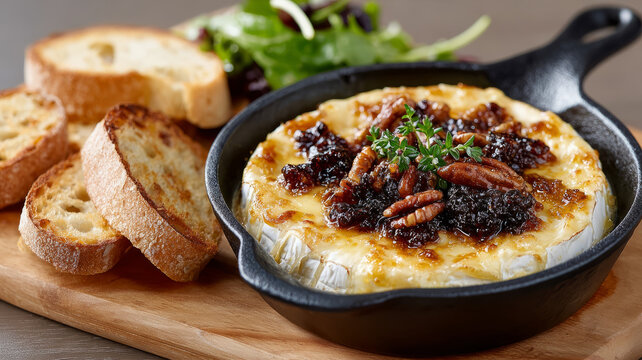 Baked brie with pecans and toast on wooden board in skillet.