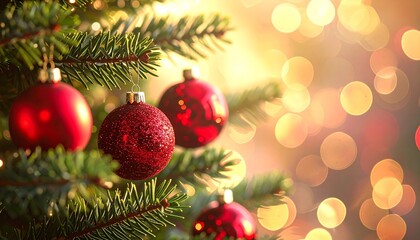 Red Snowflake Christmas Background: Detailed Ornament Hanging on Pine Branch with Warm Golden Bokeh Lights, Winter Holiday Decoration Close-up.
