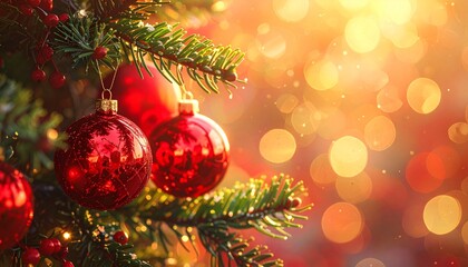 Sparkling Snowflake Christmas Background: Close-up of Red Glitter Decoration on Fir Tree, Focused Detail Against a Bright, Blurred Light Backdrop.