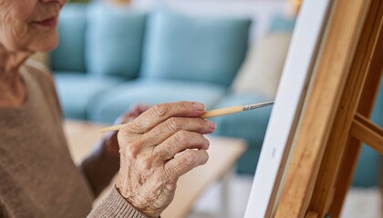 Senior woman painting on canvas with brush and paints, sitting in front of easel in home living room