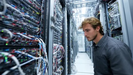 Network engineer performing maintenance in a server room filled with equipment and cables in a modern data center environment during afternoon hours - Powered by Adobe