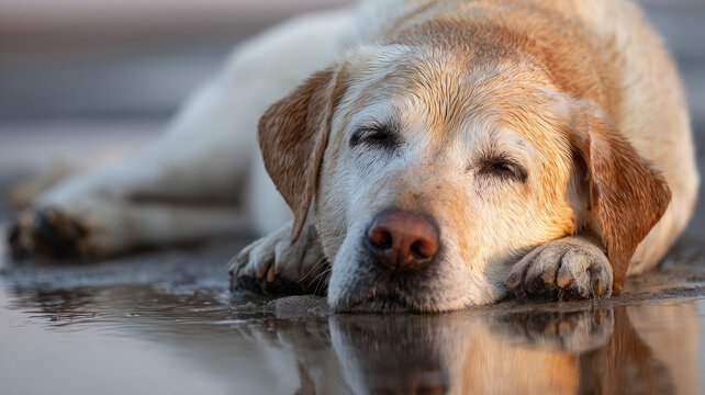 Labrador retriever peacefully napping on a wet beach close-up. - Powered by Adobe