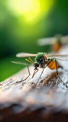 Fototapeta premium Close-up of a green insect resting on a piece of wood, with blurred green background and soft lighting.