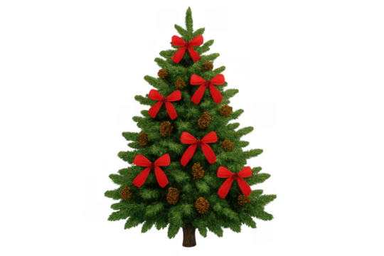 Decorated christmas tree with red bows and pinecones