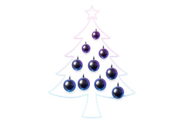 Neon christmas tree outline with purple blue ornaments