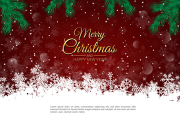 Christmas greeting card with fir branches and snowflakes on red background