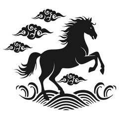 Chinese Style Galloping Horse with Auspicious Clouds and Waves