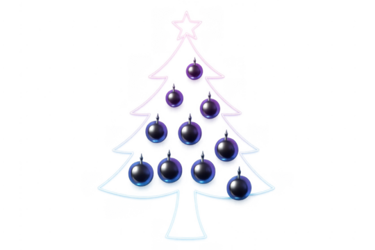 Neon christmas tree outline with purple blue ornaments