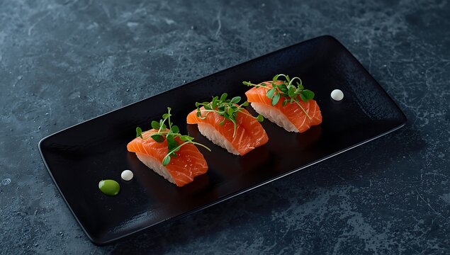Delicious salmon nigiri sushi on black plate japanese cuisine seafood gourmet restaurant food photography