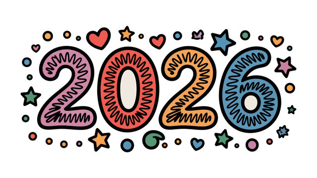 New Year 2026 Celebration: A vibrantly illustrated depiction of the upcoming year, adorned with playful, hand-drawn decorations of hearts, stars, and dots, embodying anticipation and joy. - Powered by Adobe