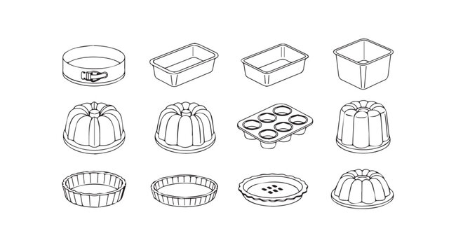 Collection of baking molds and cake tins in a hand drawn sketch silhouette style