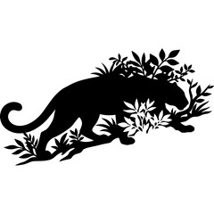 Obraz premium Sleek black jaguar silhouette in wild jungle foliage vector art illustration. Vector
