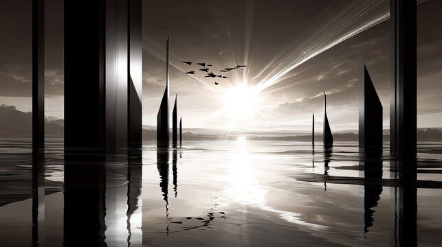 An artistic image of abstract black pillars reflected in water, with a bright sunburst in the sky and a flock of birds flying. - Powered by Adobe