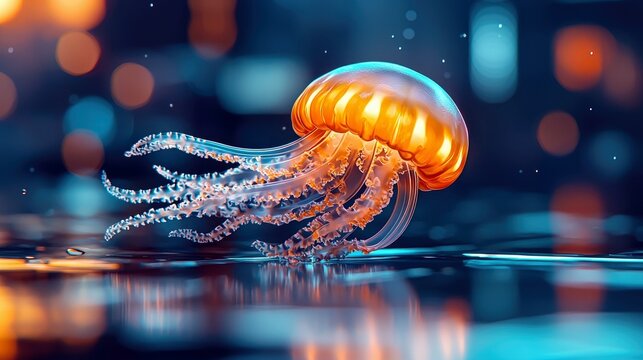 A vibrant jellyfish with a glowing orange body and translucent tentacles floats in water with a blurred bokeh background, creating a dreamy and ethereal atmosph