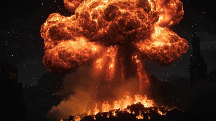A massive fiery explosion with a mushroom cloud rising against a dark night sky, surrounded by burning debris. - Powered by Adobe