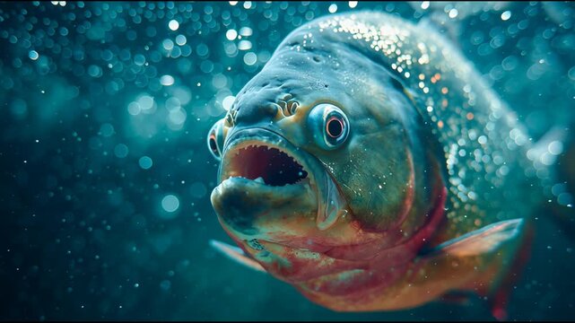 In clear water, piranha fish swim actively, showing their sharp teeth with mouths wide open. Their vibrant colors and movements illustrate their predatory nature in this underwater environment