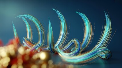 Curved teal and gold lines dynamically cascade across the dark backdrop, creating an elegant motion