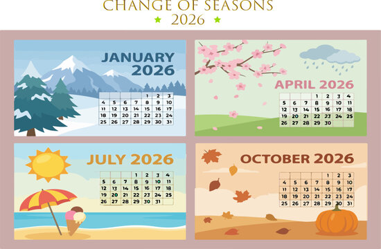 Seasonal 2026 vector calendar featuring winter, spring, summer, and autumn scenes with simple illustrations. Ideal for planners, posters, and printable designs.