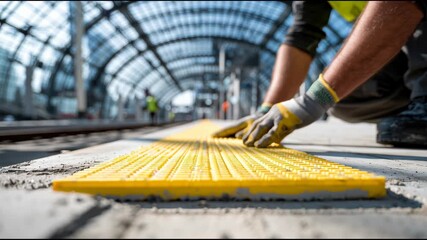 A worker carefully places bright yellow tactile paving tiles on the ground at a train station. This work ensures safe navigation for visually impaired individuals