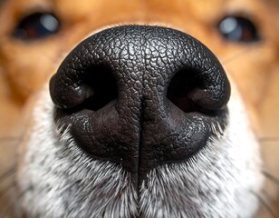 Close-up of a dog's wet, textured black nose against blurry brown fur and two dark eyes