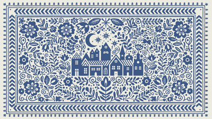 Whimsical village scene with moon and stars framed by floral patterns for charming folk art designs