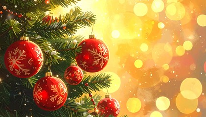 Red Glitter Snowflake Christmas Background: Detailed Ornament on a Pine Branch with Warm Golden Bokeh Lights, Festive Winter Holiday Close-up.