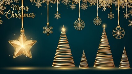 Christmas vector poster set with gold snowflakes, ribbon ornaments, glowing star and abstract tree forms in dark teal — luxury festive design for Christmas cards