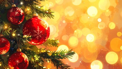 Vibrant Snowflake Christmas Background: Close-up of Red Snow-shaped Decoration on Fir Tree, Focused Detail Against a Bright, Blurred Light Backdrop.