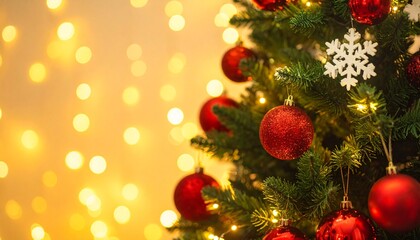 Traditional Holiday Christmas Background: Red Snowflake Ornament Against Warm, Blurred Background of Tree Lights, Copy Space for Greetings.