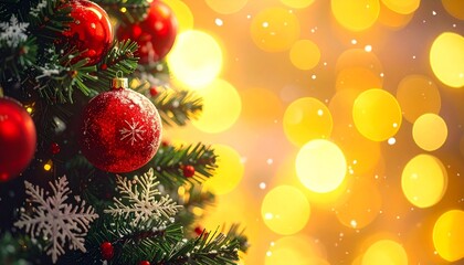 Elegant Winter Christmas Background: Detailed Red Crystal Snowflake on Green Branch, Lit by Soft Yellow Lights, Perfect for Cards or Banners.