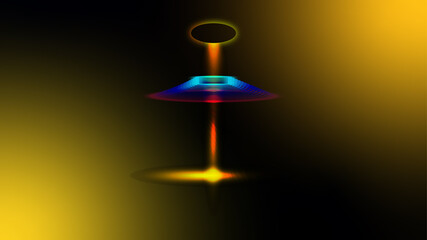 Abstract Sci Fi UFO with Rainbow Lights and Beam on Dark Yellow Gradient Background alien spaceship