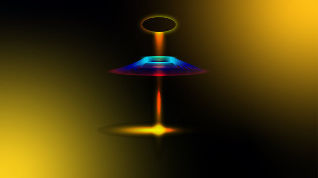 Abstract Sci Fi UFO with Rainbow Lights and Beam on Dark Yellow Gradient Background alien spaceship