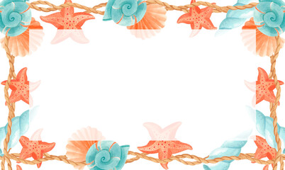 Watercolor sea frame with coral and blue seashells, starfish and nautical ropes with space for text. Rectangular marine border for invitations, summer cards, beach party designs, spa branding, posters