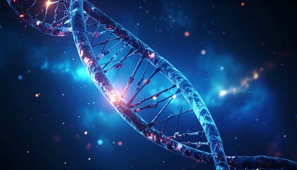 Close-up of a DNA double helix against a colorful space backdrop, with a vibrant blue and orange color palette
