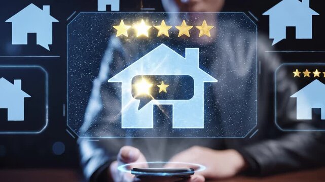 Digital real estate rating interface with house and star reviews displayed on smartphone screen. Property evaluation concept with customer feedback and satisfaction ratings for residential