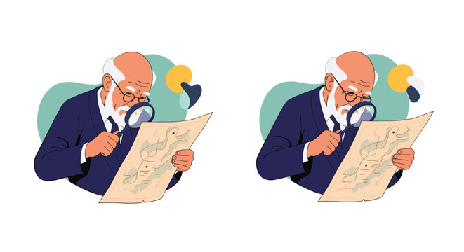 A spot-the-difference puzzle game featuring two nearly identical illustrations of an elderly man with a magnifying glass examining a map.