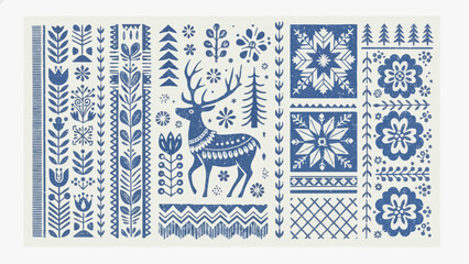 Charming Nordic folk art pattern with reindeer and floral elements for festive Scandinavian designs © VectorMonk