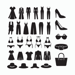 Women&rsquo;s fashion silhouette icon set with dresses, shoes, accessories, and clothing items vector illustration
