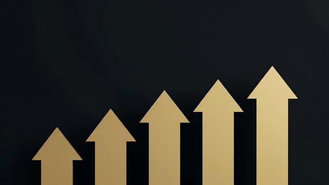 Ascending arrows in progressive sizes illustrating upward growth trend and business success. Visual representation of increasing performance, financial progress and positive development through rising