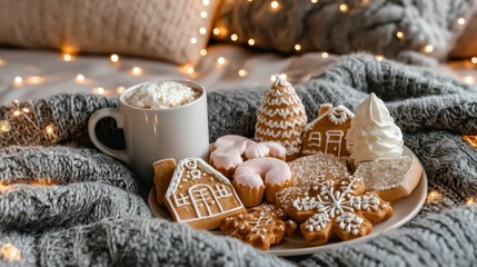Cozy winter scene with cookies and hot chocolate on a blanket.