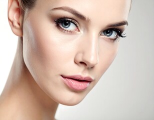 Close-up of a fair-skinned woman with smoky eyes and a serene expression, gazing towards the camera