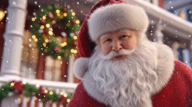 Santa makes a speech and holds a red gift box standing at the Christmas house. A gift from Santa.