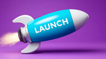 Blue rocket labeled 'Launch' flying on purple background.
