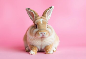 Fototapeta premium Fluffy lop-eared rabbit sits playfully against a soft pink backdrop, small animal, sitting rabbit